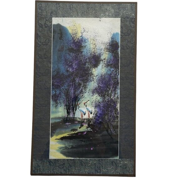 VTG Asian Watercolor Scroll‎ Paintings 4 Season Cherry Blossom Mountain 16" x 9" - Picture 3 of 11